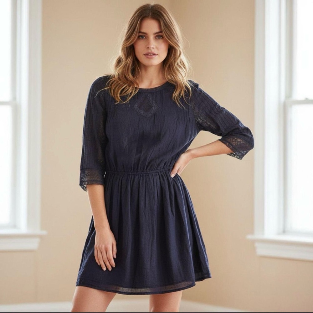 Zara TRF Black Cotton Lace Boho Mini Dress Small Crochet Pintuck 3/4 Sleeve‎ LBD